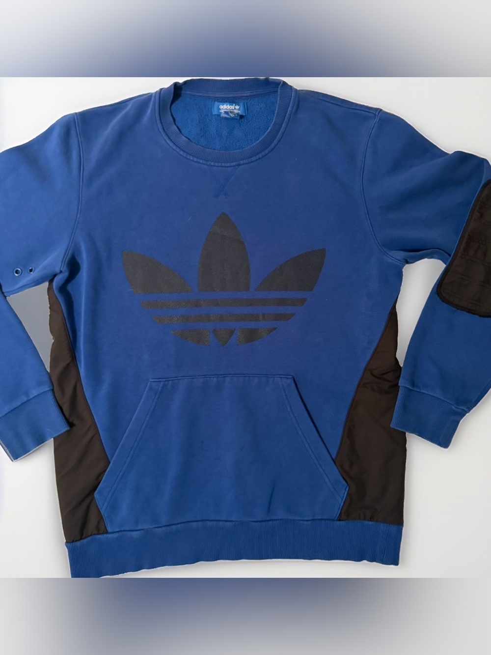 Vtg Adidas Blue Pullover Sweatshirt with Elbow Patches Trefoil Logo Mens M Faded